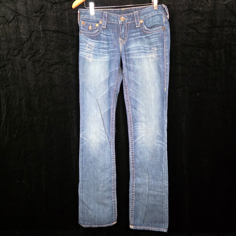 True Religion Denim Blue Jeans Sz 27 Mid Washed Back Pockets Decorative Flaps